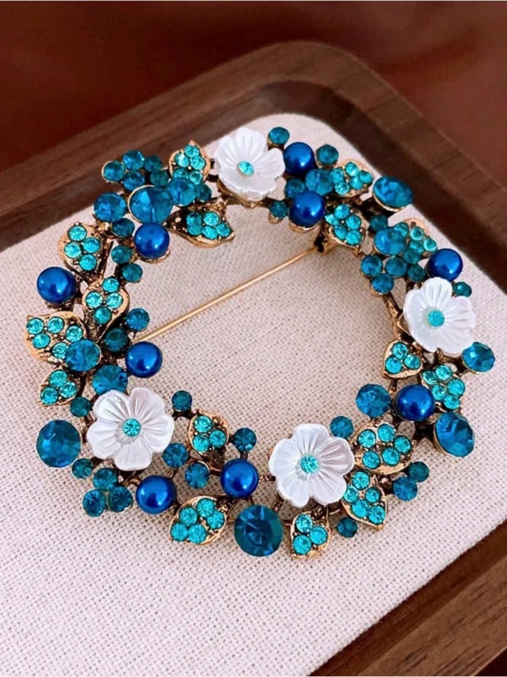 Blue Rhinestone Floral Wreath Brooch Pin, Gold Tone Fashion Jewelry